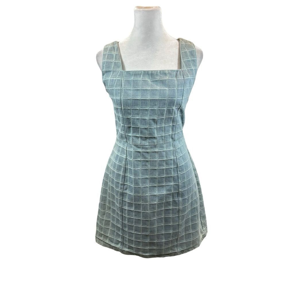 Le Lis Denim Windowpane Sqaure Neck Mini Dress‎ Size Medium